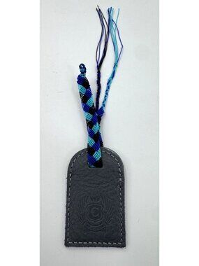 Consuela Gray Leather Luggage Tag With Blue & Black Braided Strap